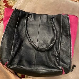 Halogen black leather tote with pink Suede sides that Zip close